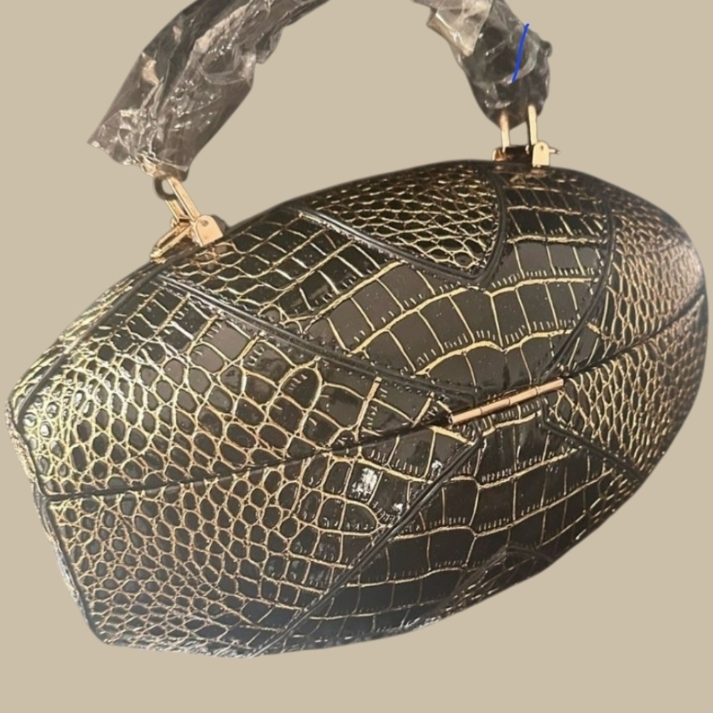 Football Shaped, Brown and Gold Crossbody Bag, Goldtone Hardware, NWT - Picture 3 of 7